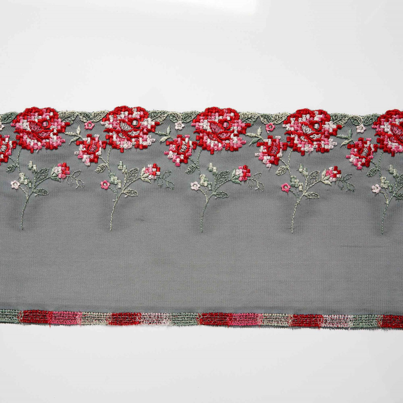 Вышивка на сетке неэластичной HC-20107B (Черный, red roses, БП)